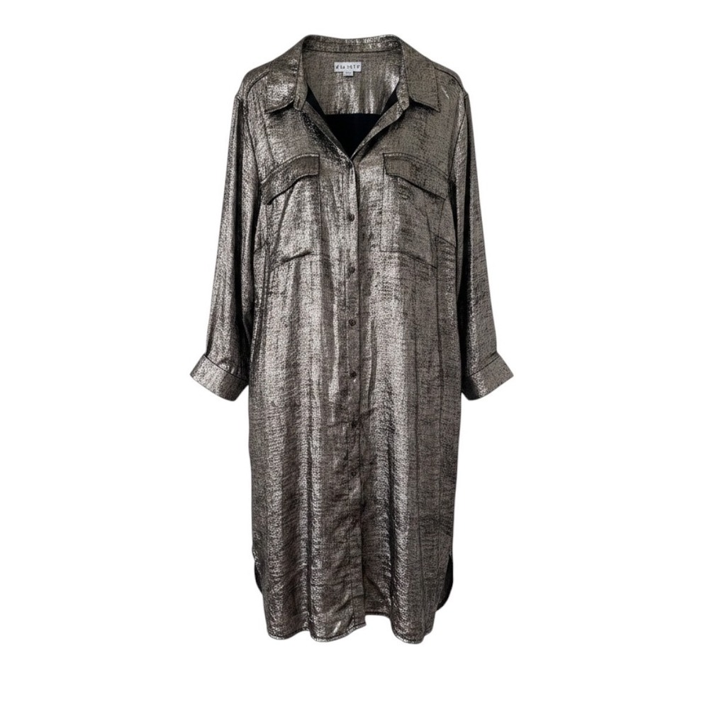 Ava & Viv Metallic Silver Button Front Shirt Dress Long Sleeve Party Midi 2X - Picture 1 of 7